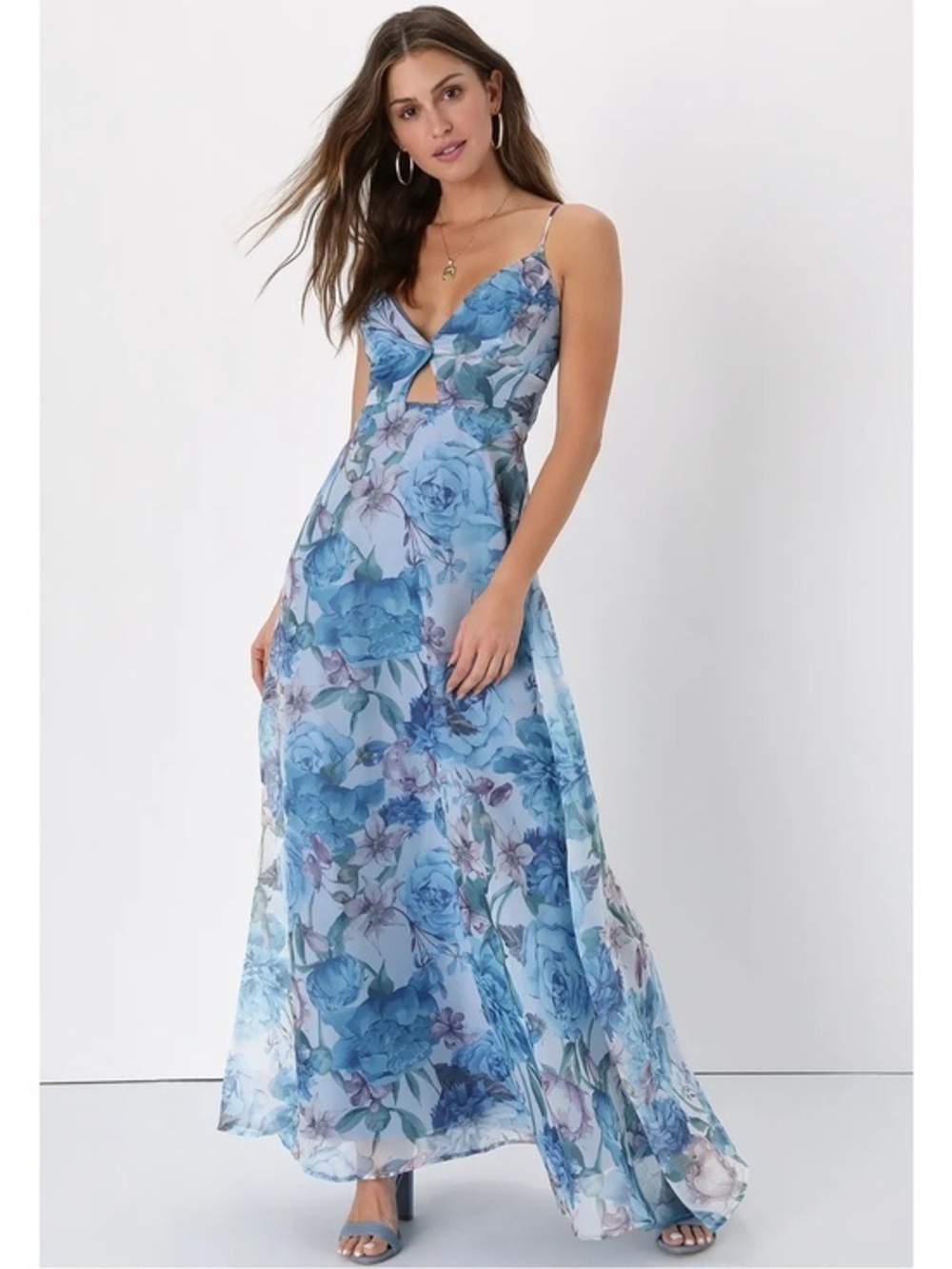 NWT Lulu’s Enchanting Entrance Blue Floral Organza Keyhole Maxi Dress Small Chic